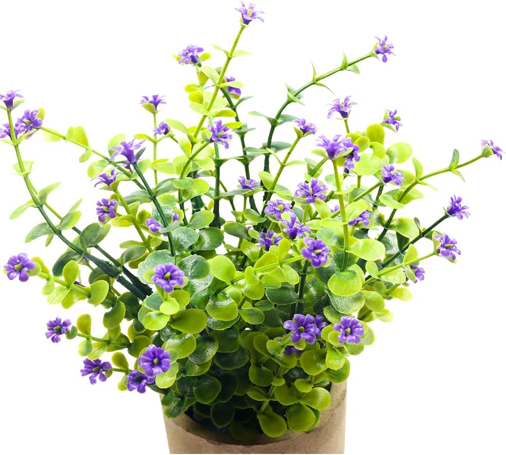 Artificial Mini Potted Plants Fake Plastic Milan Flower for Farmhouse Living Room Bathroom Office Desk Shelf Home Greenery Decoration (Purple) - Image 4