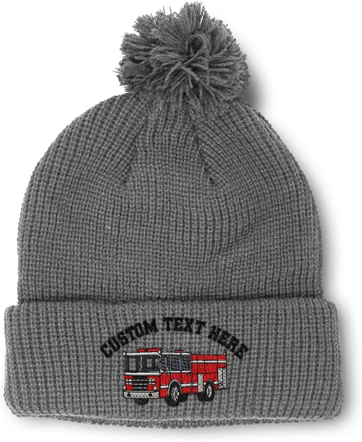 Custom Pom Pom Beanies for Women Fire Engine Truck A Embroidery Skull Cap Winter Hats for Men One Size