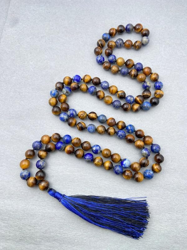 Natural AAA Lapis Lazuli & Tiger's Eye Mala Beads Necklace 108 Mala Prayer 6mm Knotted Necklace Energy Balance Necklace Healing Meditation Tassel Japa Mala, blue, ABC6-18