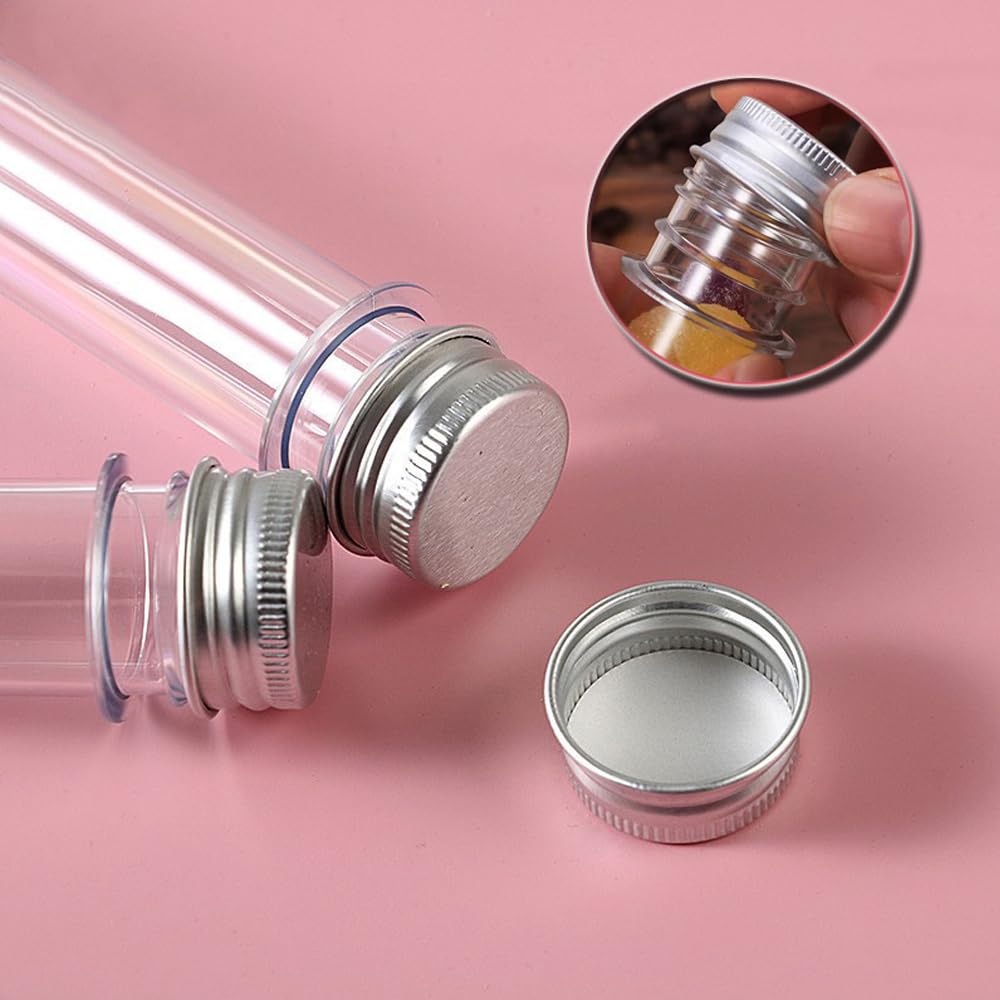 50 botellas de plástico PET vacías de tubo de ensayo cilíndrico transparente con tapa de aluminio de rosca para plantas, especias, caramelos, contenedores portátiles recargables (80 ml, plateado)