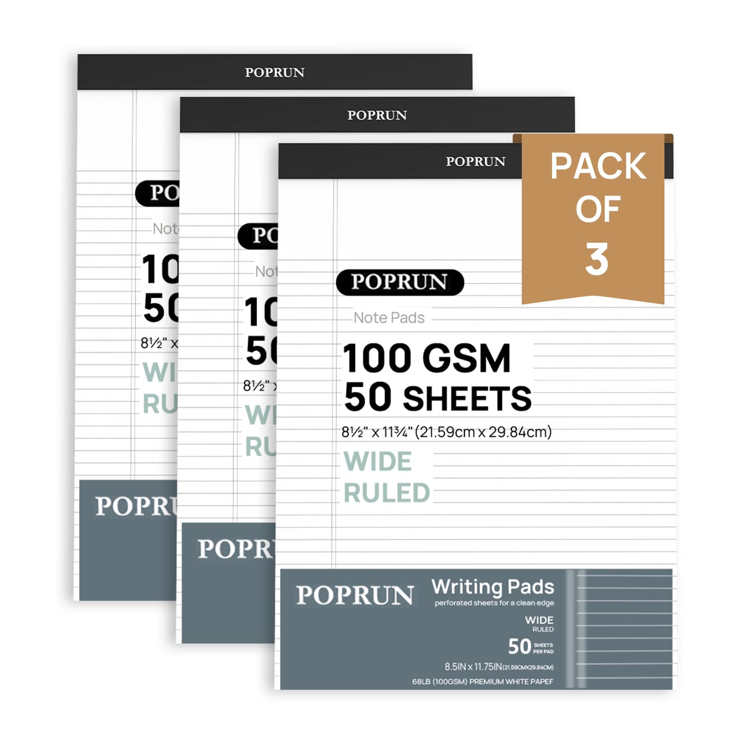 POPRUN White Legal Pads 8.5 x 11.75 Wide Ruled, 100GSM Writing Paper Pad, Bulk Lined Notepad Notebooks for Work School, Classroom Office Supplies, 3