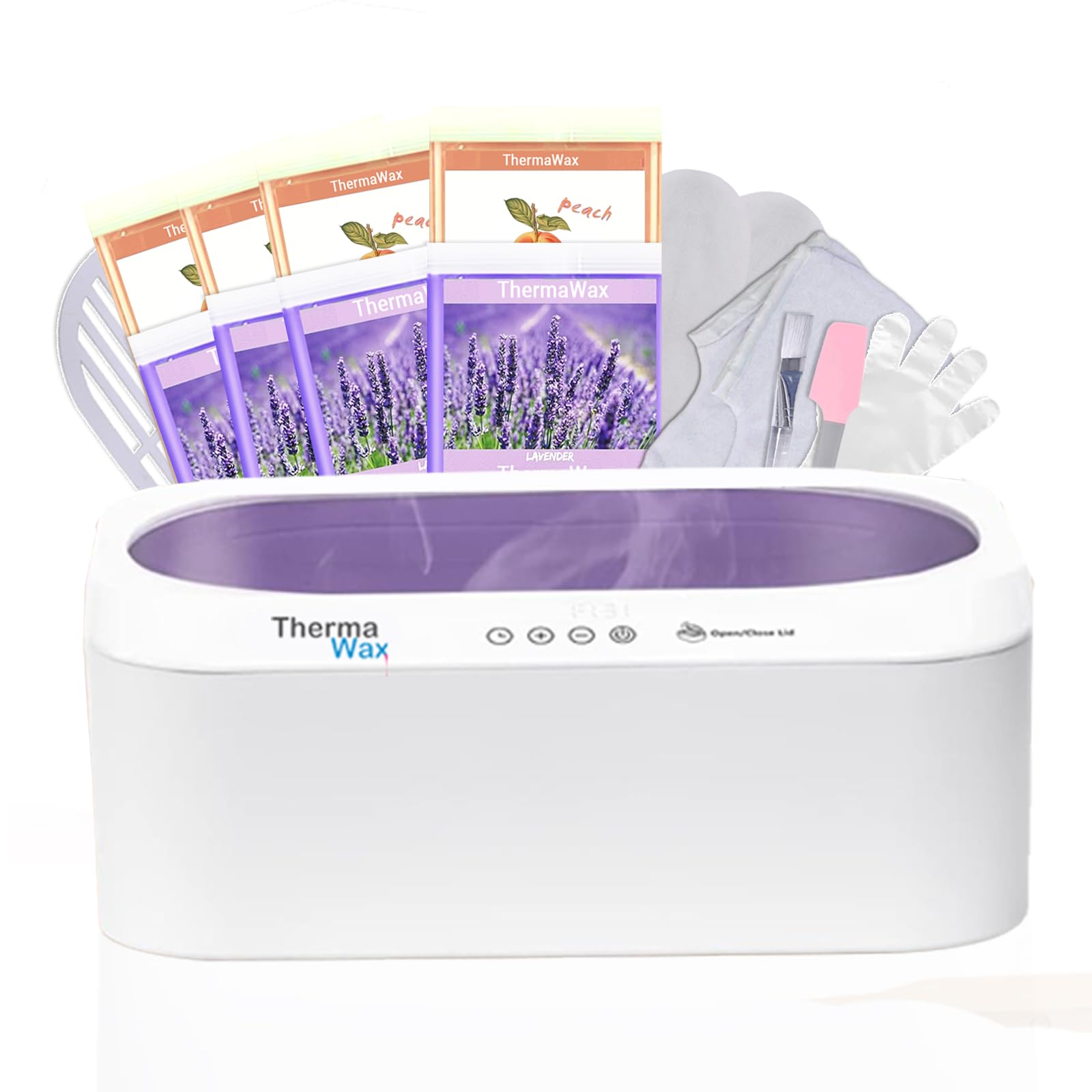 ThermaWax Paraffin Wax Machine | Auto Lid for Hands, Feet & Elbows |20-Minute Quick Melt |Precision Temperature Control | Includes 8 Refills(4-Peach, 4-Lavender),Cotton Gloves,Booties,Brush, & Spatula