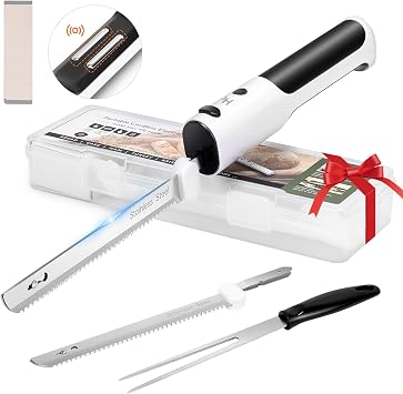 HK Cordless Electric Knife for Carving Meats, Poultry, Bread, Crafting Foam & More, Included Dual 304 Stainless Steel Blades, Fork, Foldable Cutting Board