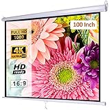 Manual Pull Down Projector Screen 100 inch 16:9 3D 4K HD, Retractable Auto-Locking Movie Projection Screen for Indoor Home Theater Cinema, School Office Presentation, Wall/Ceiling Mounted