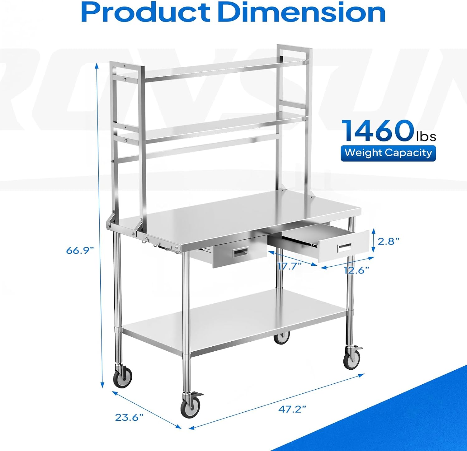 ROVSUN Stainless Steel Table with Wheels & Overshelves 48" X 24", NSF Commercial Heavy Duty Pre Table with Drawers & Adjustable Undershelf，Metal Table with Detachable Hooks for Kitchen Restaurant