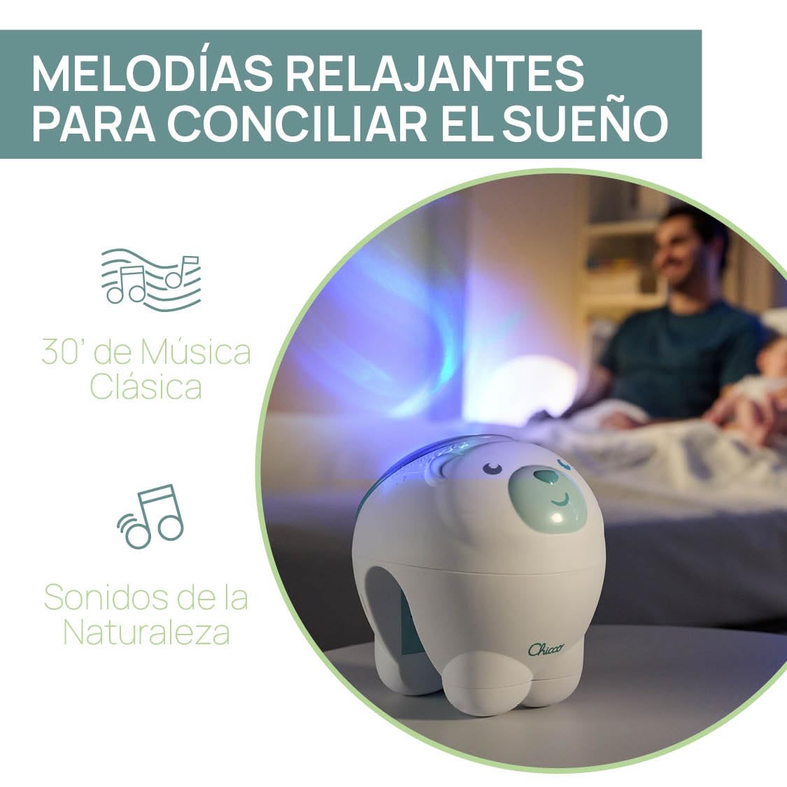 Chicco Projecteur Ours Polaire 2en1, Veilleuse bébé Pour berceaux, lits d'enfant et chevets Next2Me, projection d'une aurore boréale, 30 minutes de musique classique, sons de la nature, 0 mois et plus