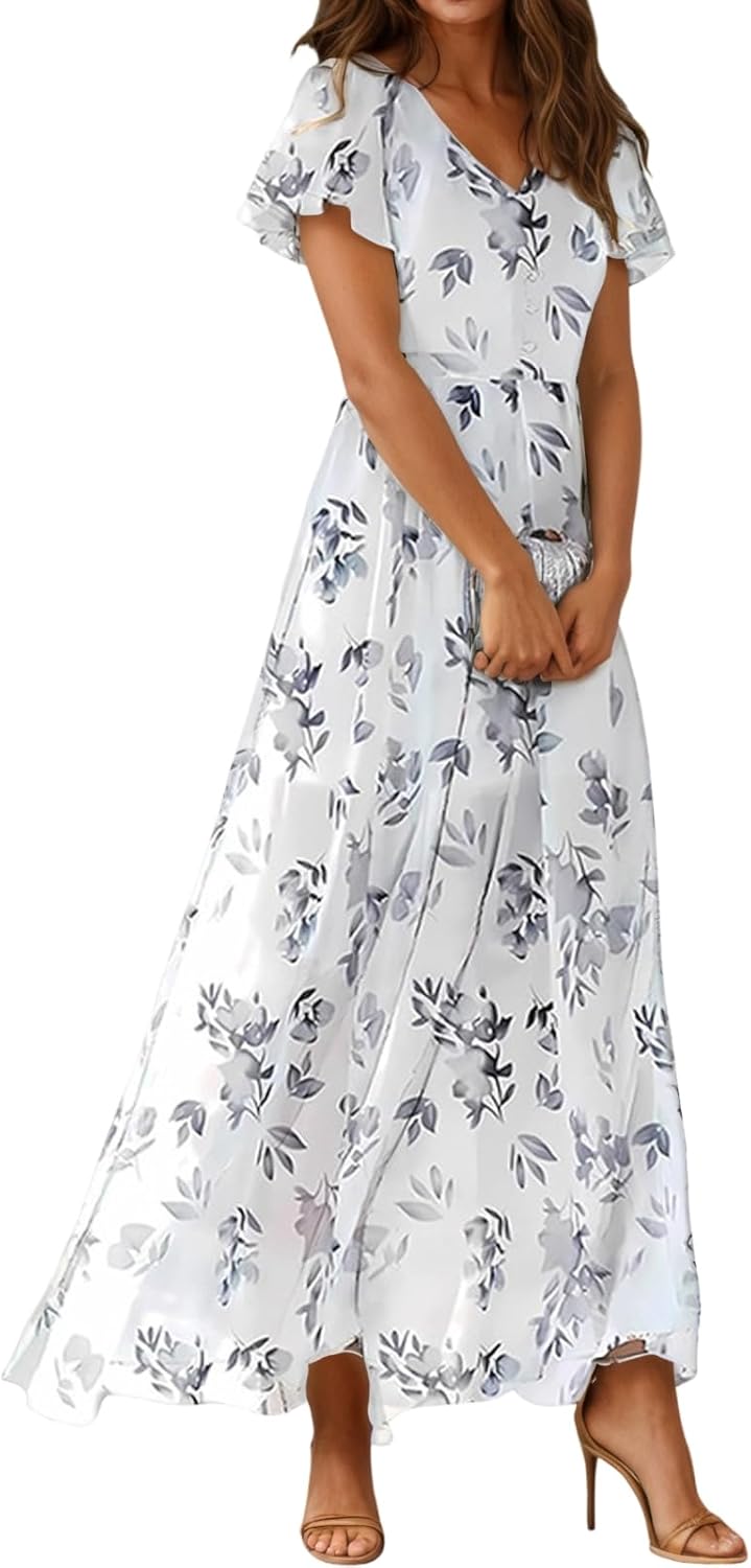 TIAFORD Women's Floral Chiffon Boho V Neck Beach Dress Summer Ruffle Short Sleeve Maxi Dresses for Beach Wedding Guest 2026