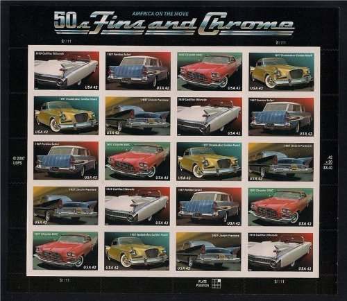 USPS 50s Car Fins and Chrome Sheet 20 X 42 Cent Stamps Scott 4353-4357