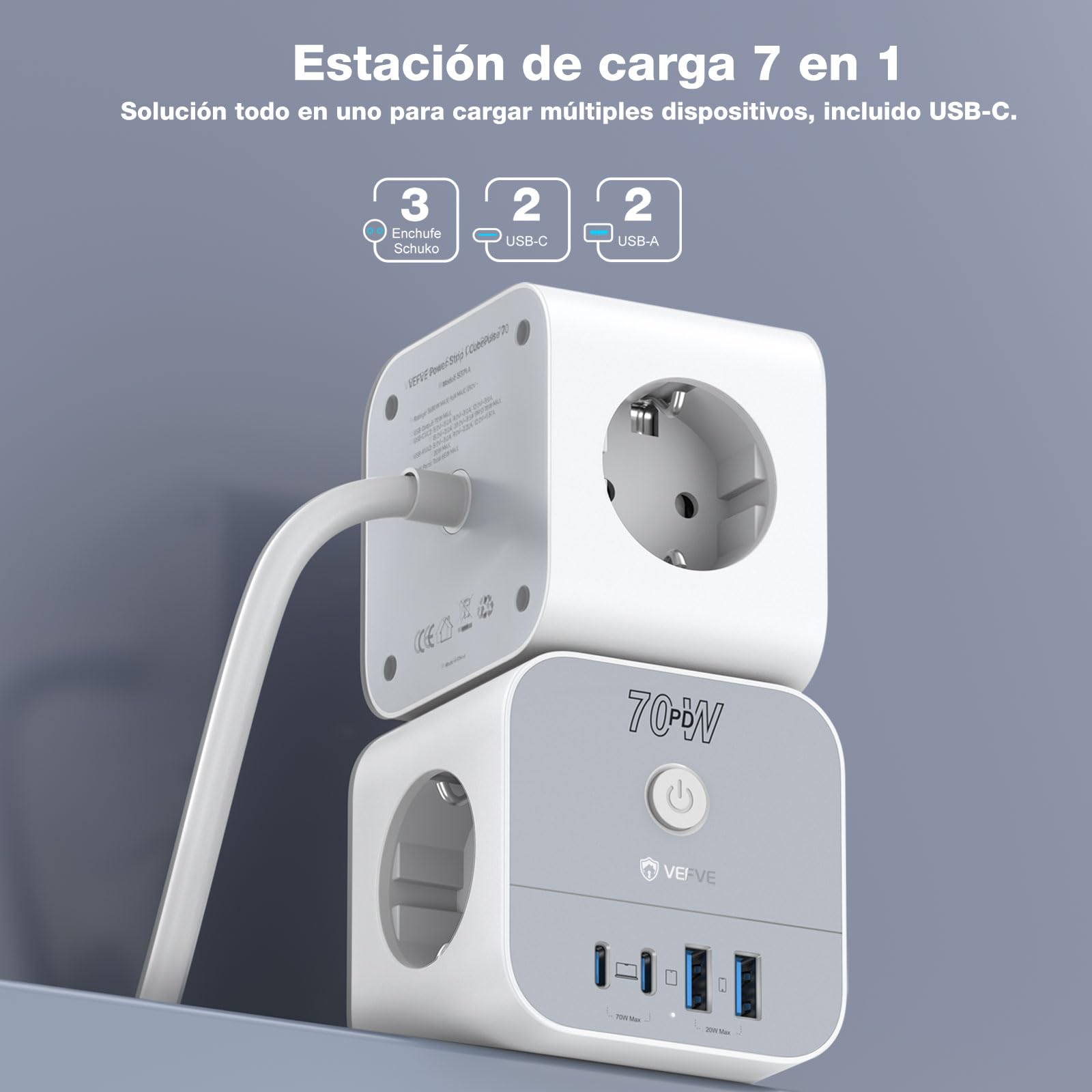 VEFVE Cubo Regleta 70W GAN, Cargador Rápido USB C, Ladrón Enchufes 7 en 1 con Interruptor, Compatible con iPhone 17, Galaxy S26, MacBook, Cable 5m, Blanco