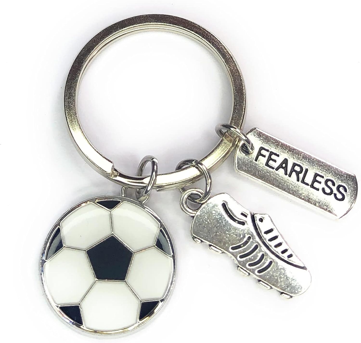 FizzyButton Gifts Footballer Charm Keyring Key Ring with Football, Boot and Fearless Charms, Silver