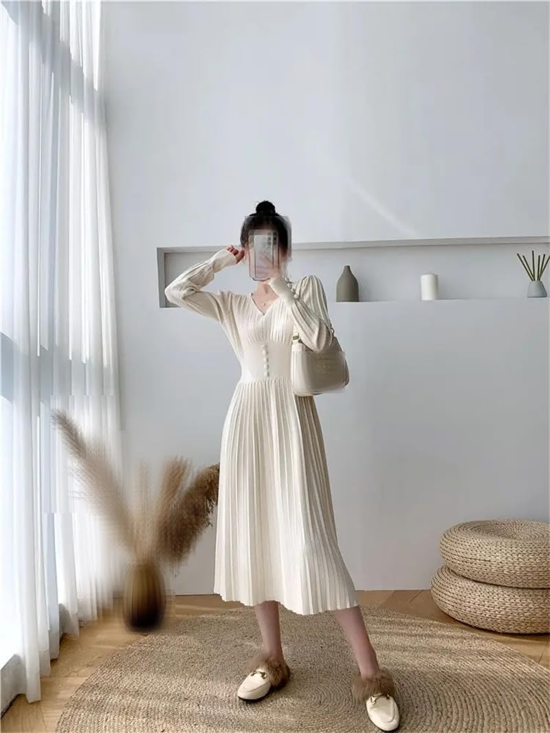 Vestito da donna in maglia vintage per autunno inverno O collo a maniche lunghe pullover abiti da festa