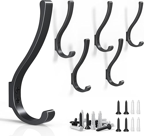 6 ganchos negros grandes, montaje en pared resistente, para colgar, mochilas, baño, vestíbulo, entrada