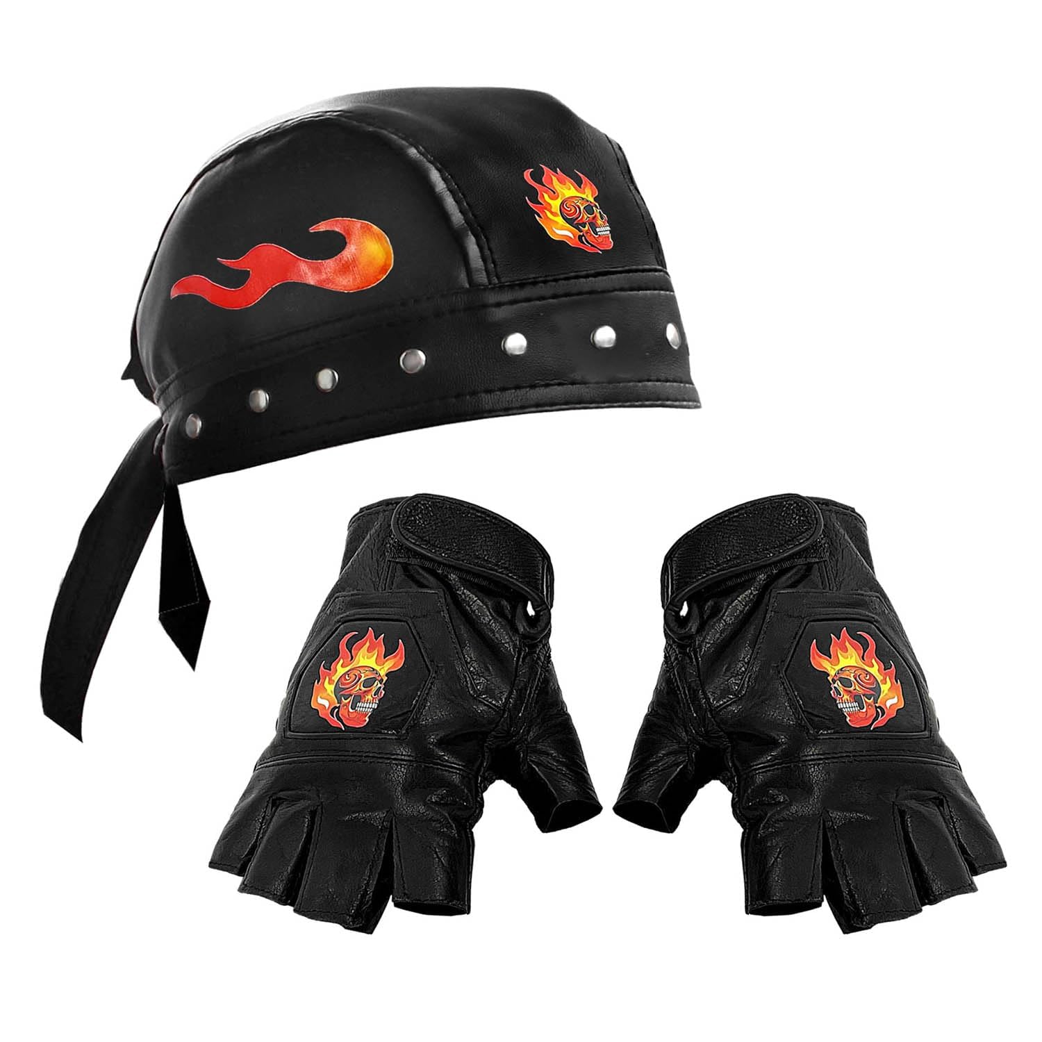 Skull Flame Punk Rock Bandana Head Wrap Du Doo Do Rag Hat Men Bicycle Leather Rivet Cap with