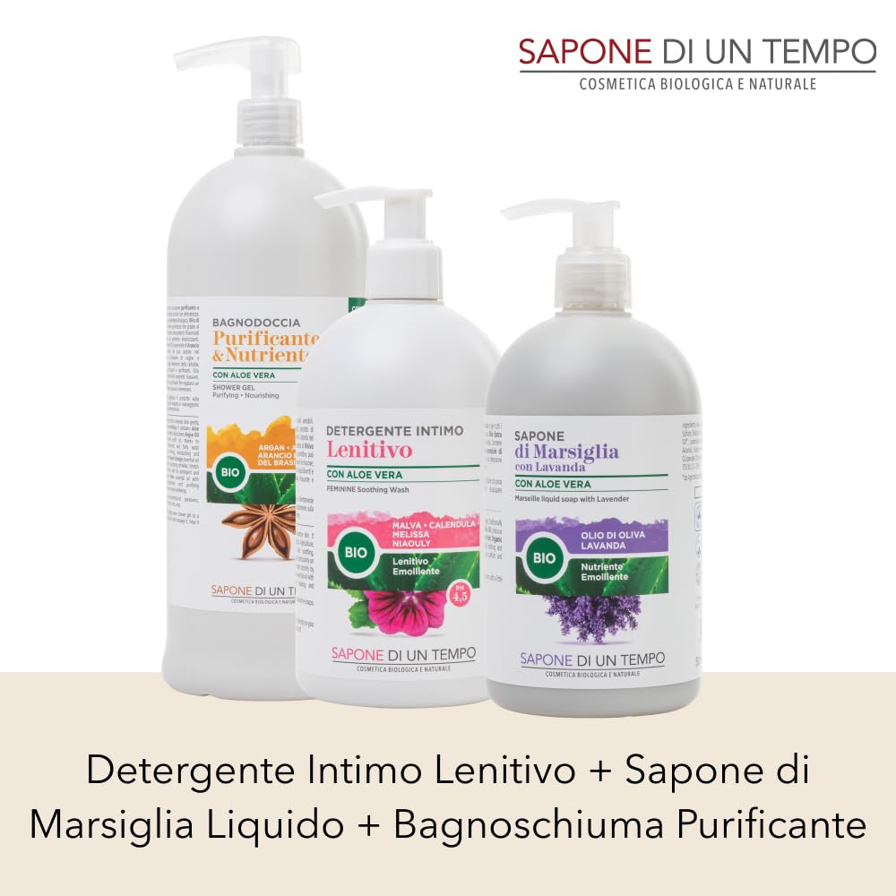 Sapone di un Tempo Detergente Intimo pH 4.5 + Sapone di Marsiglia Lavanda + Docciaschiuma Shampoo Aloe Argan 1500ml, Naturale, Vegan, Detergenti Corpo, Igiene Intima Donna, Mani e Capelli