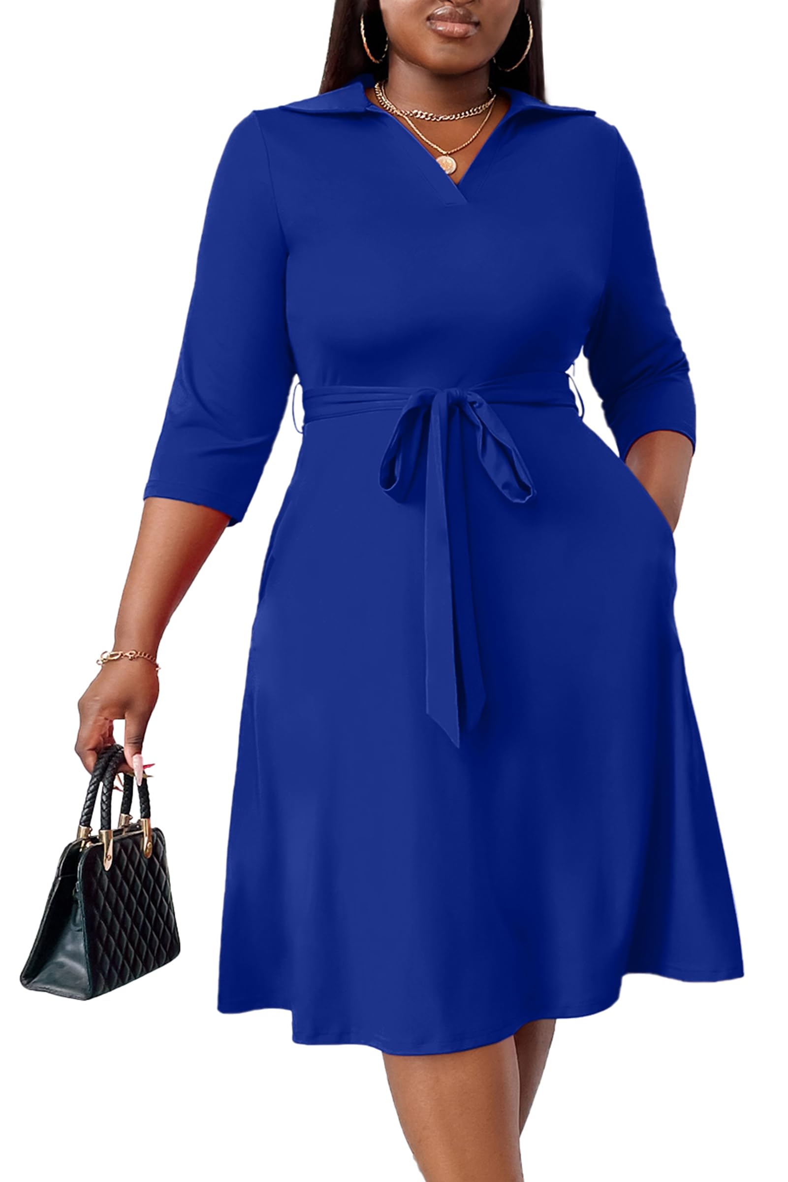 FANDEE Plus Size Midi Dress for Women - Printing Summer Dresses for Wedding Guest Cocktail Party 3/4 Sleeve V Neck（L-5XL）