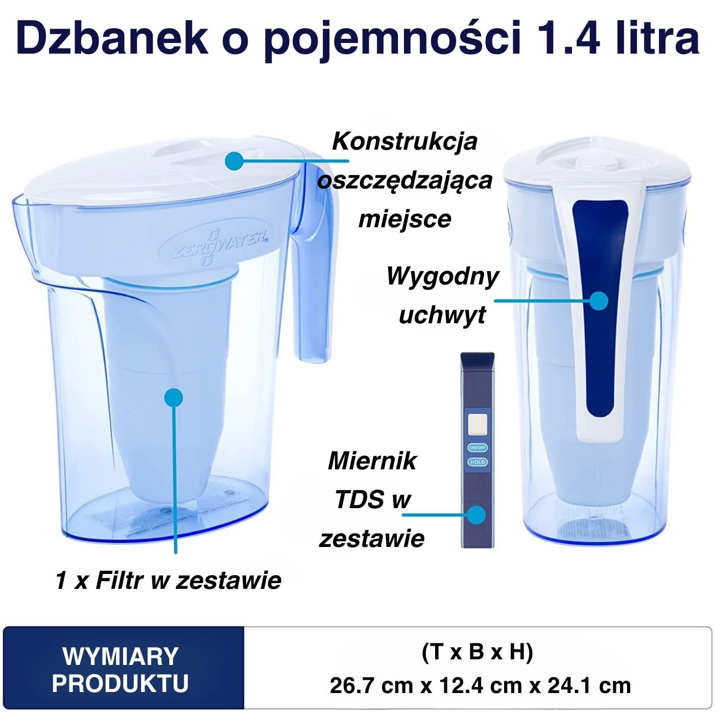 Zerowater ZP-006-4 Dzbanek Filtrujący, Niebieski/Biały, 1,4 L