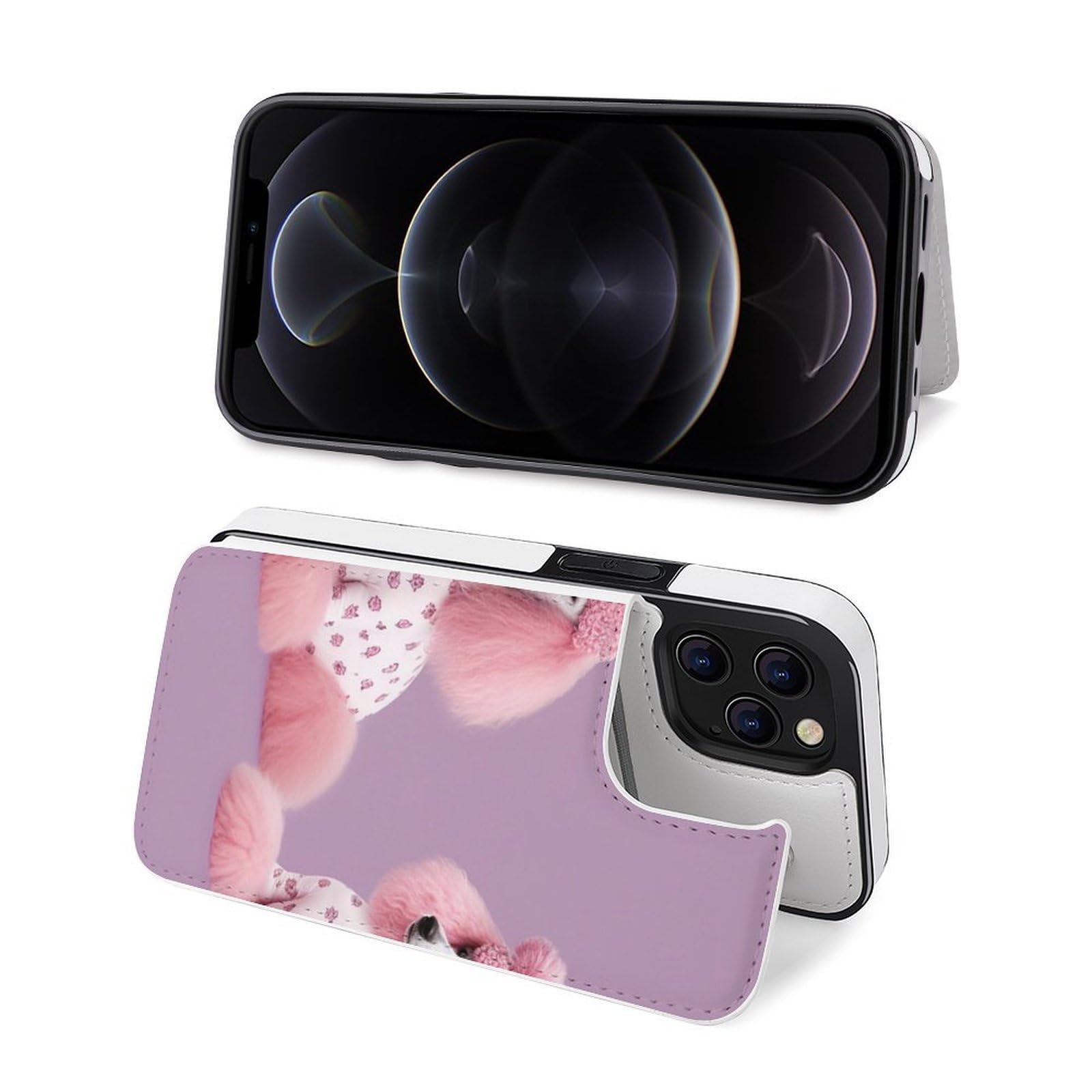 Funda tipo cartera para iPhone 12 Pro, diseño de caniches rosados con estampado de perros y caniches rosados, funda de piel con ranuras para tarjetas