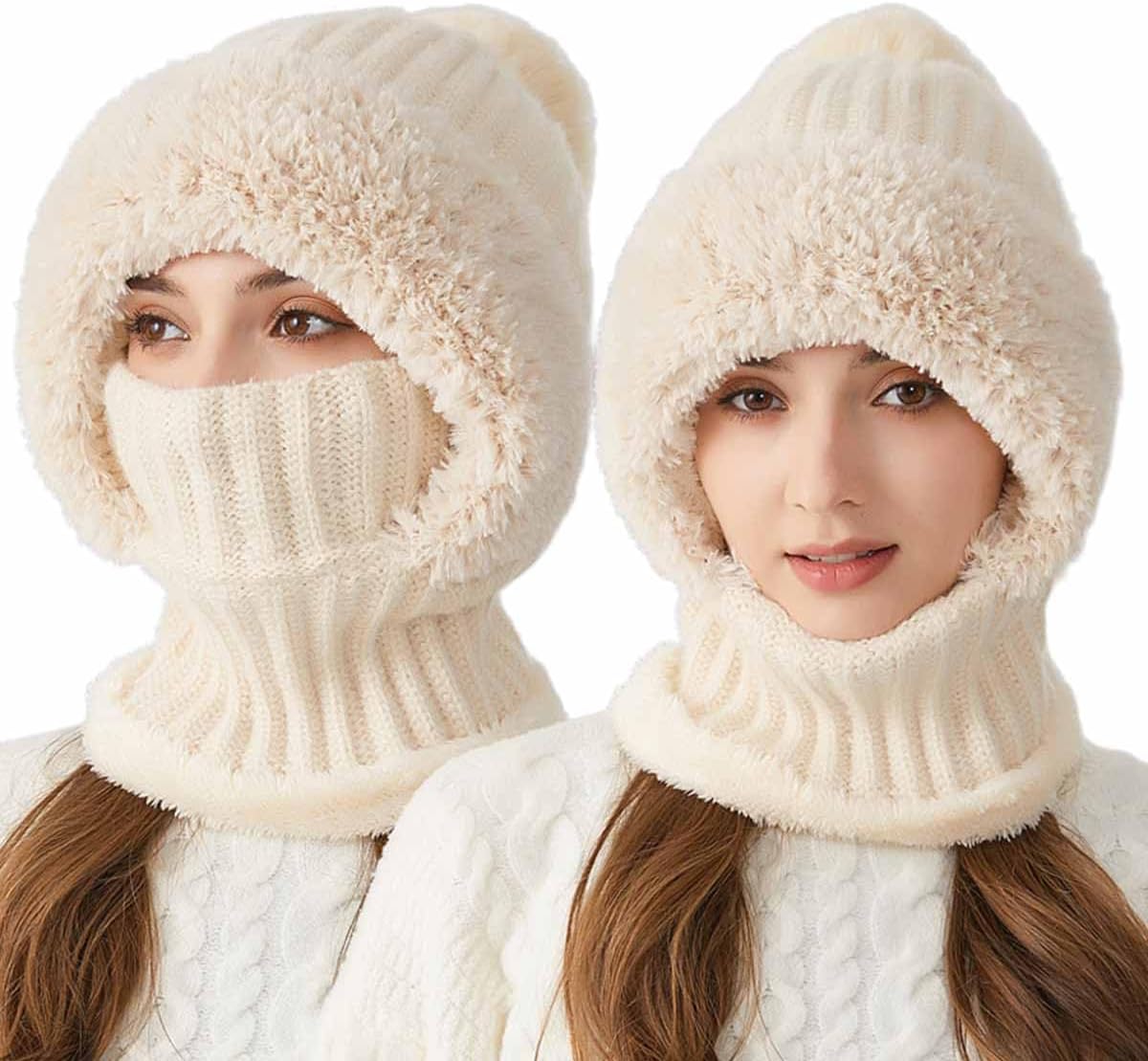 3 in 1 Beanie Hat with Scarf and Mask, Upgrade Women's Knitted Ski Hat, Winter Cold Resistant Hat Face Mask Hooded Scarf
