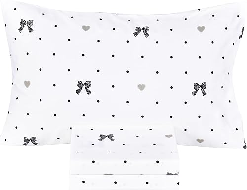 Scientific Sleep Juego de sábanas de 3 piezas con lazo romántico, lazo de encaje, lunares negros, 100% algodón, 3 piezas, para niños, niñas,
