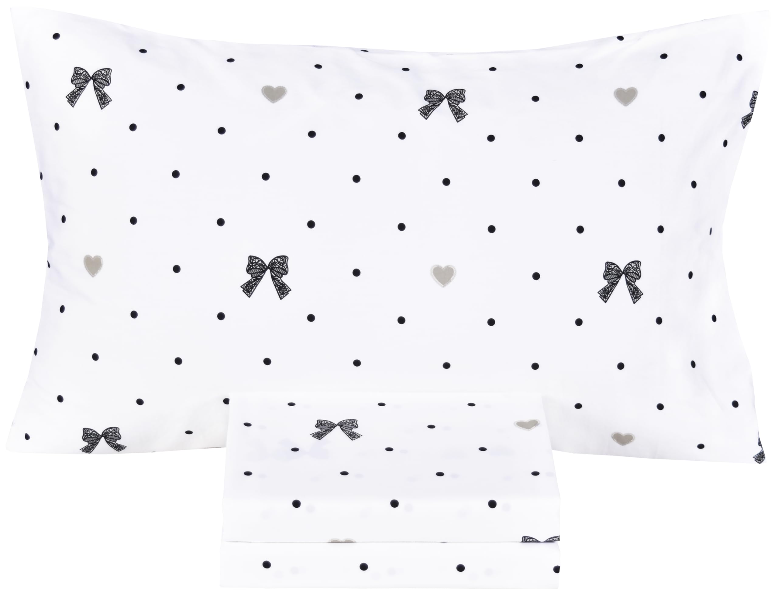 Scientific Sleep Lace Bow Romantic Bowknot Black Dot 100% Cotton 3 Pcs Twin Bed Sheet Set Kids Boys Girls Teen, Flat Sheet &amp; Fitted Sheet &amp; Pillowcase Child Bedding Set (Bow, Twin)