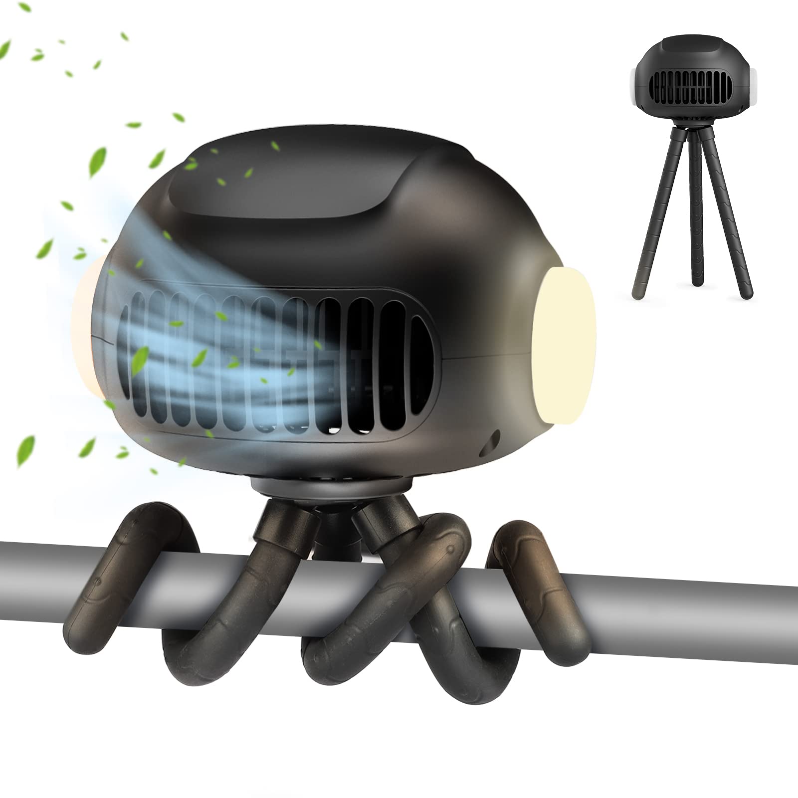 QENSPE Portable Stroller Fan Clip On for Baby, Rechargeable Baby Fan for Stroller Car Seat Fan, 3 Speed Clip on Fan with Night Lights, USB and Battery Operated Small Fan for Indoor Outdoor (Black)