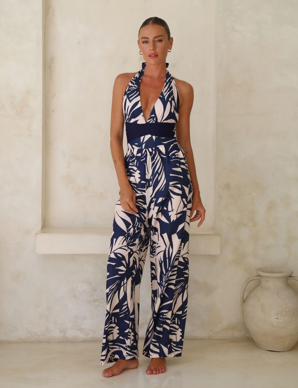 FLAXMAKER Maillot de Bain Une pièce à col en V et Dos Nu réglable imprimé Feuilles et Jupe/Pantalon