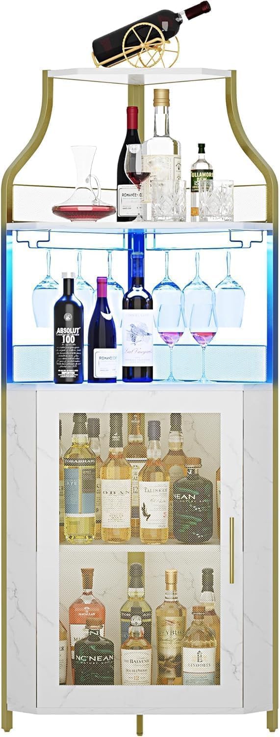 5-Tier Industrial Wine Cabinet with LED Strip and Glass Holder, Farmhouse Corner Bar Display Cabinet, Metal&Wood Bar Coffee Table, Freestanding Wine Rack for Home, Office, Cafe, Pub, Gold