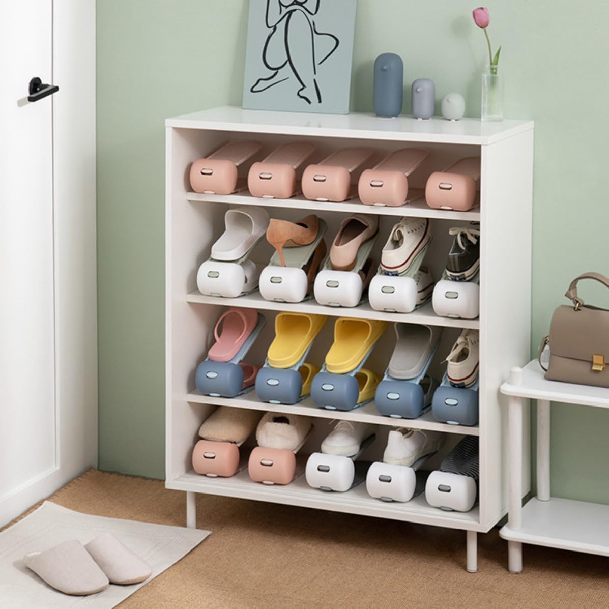Ciieeo 4pcs Adjustable Double Layer Shoes Storage Rack Pp Space Organizer | Stable Compartment Design, Practical Home Storage Solution, Blue Pink Green Gray Set Options