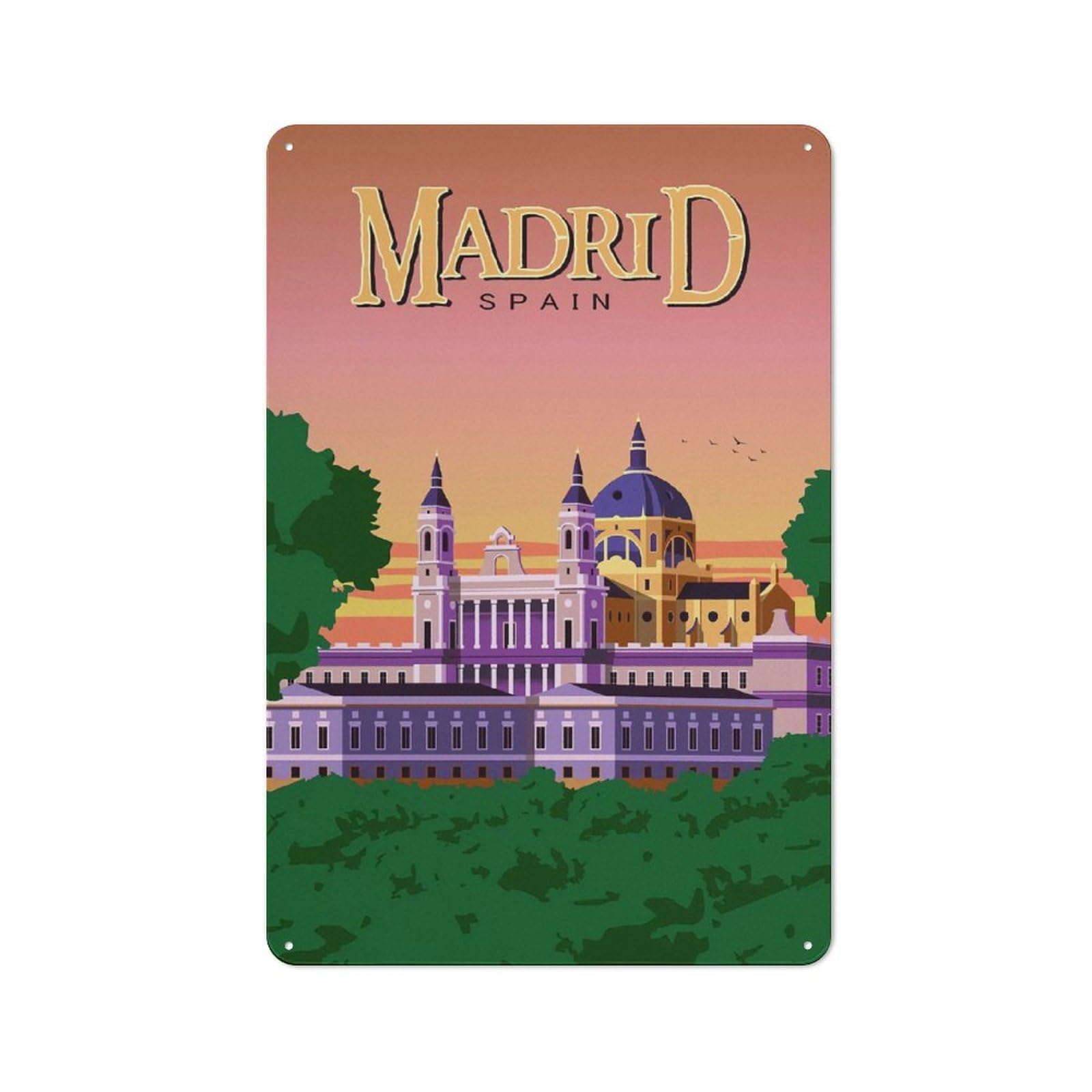 Junmoney Style-10 Retro Tin Sign 30X20cm Featuring Madrid, Spain Travel For Workshop Wall, Gift For Makers And Diy Enthusiasts During The Christmas Season