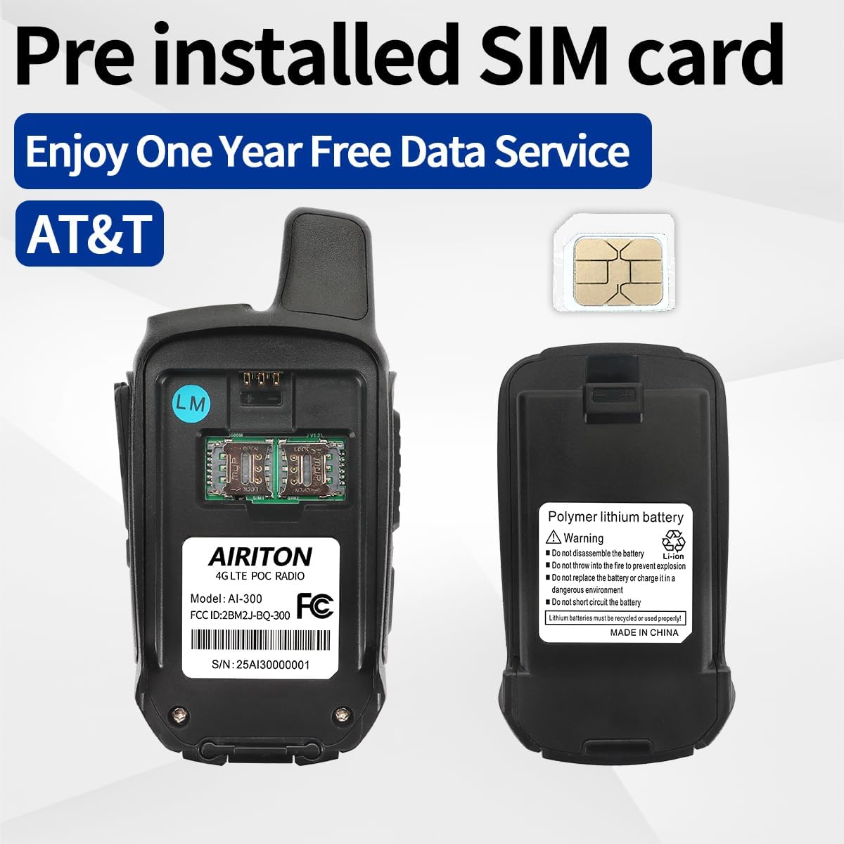 Image showing the back of the Airiton AI-300 radio with the battery removed, revealing the SIM card slot and a separate SIM card.