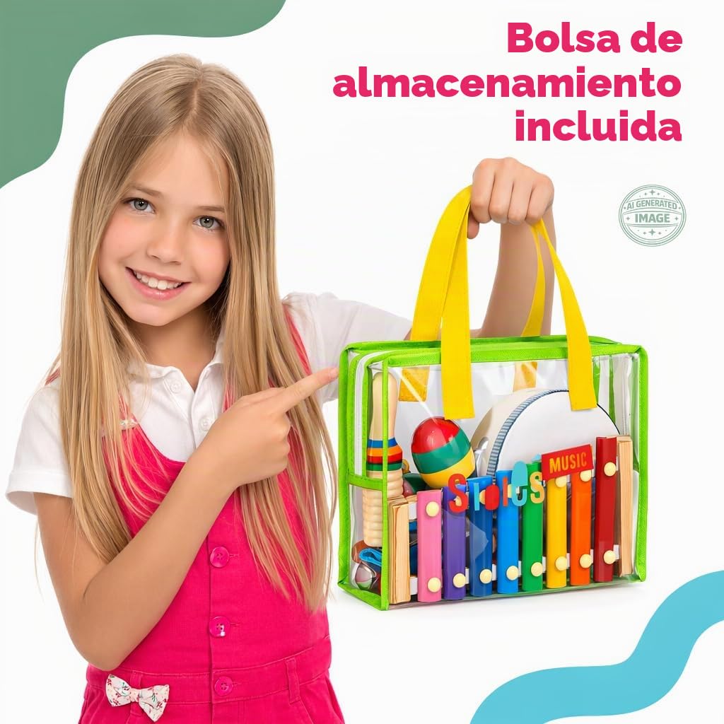 Stoie’s Set de Instrumentos Musicales para Niños – Instrumentos de percusión de Madera para niños de 1 a 3 años, xilófono, pandereta, Maracas, Juguetes Musicales para niños de 3 a 5 años