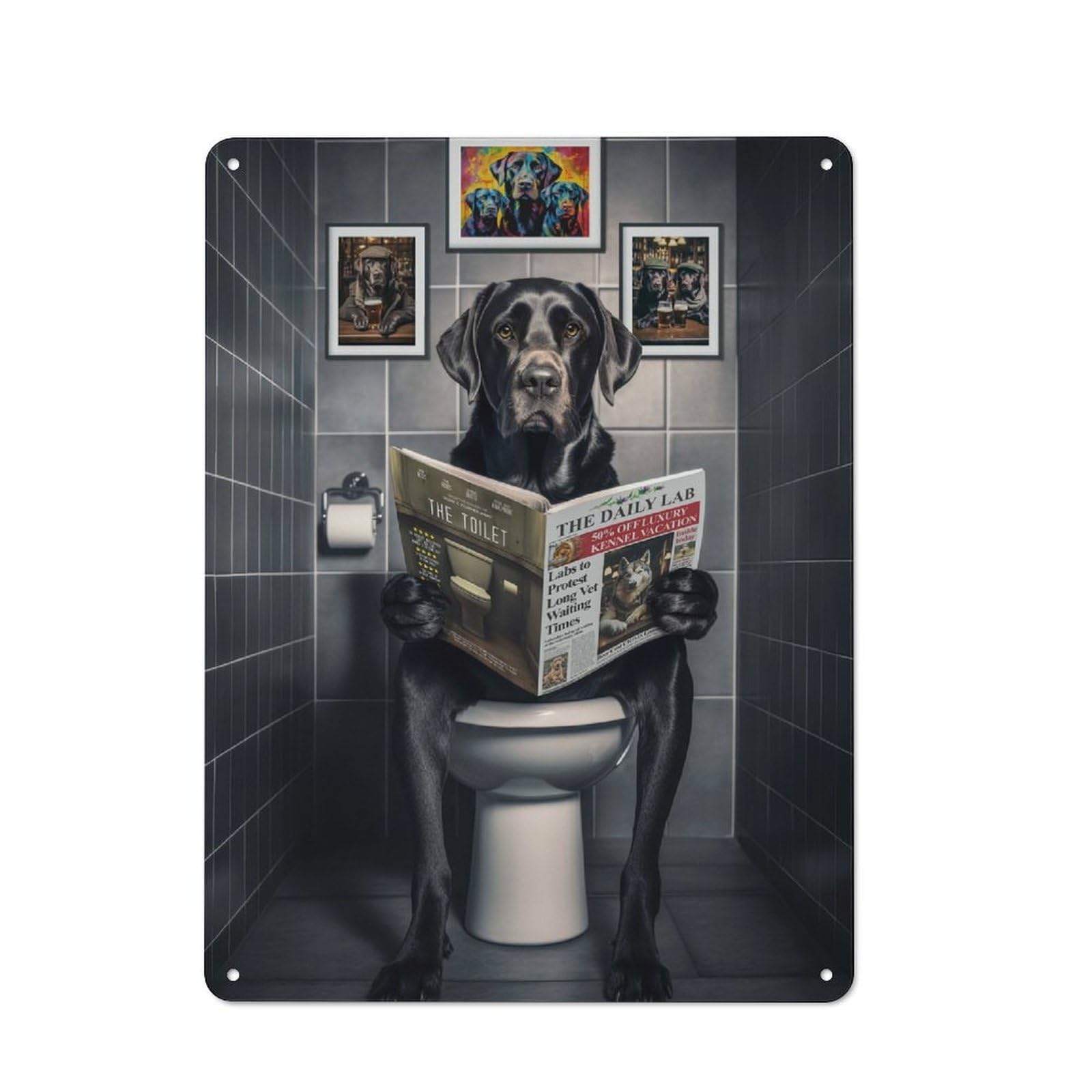 Retro Metal Plaque 40x30cm Featuring Funny Labrador on Toilet, Bistro Wall Plaque for Bakery, Diner, Cafe Or Family Room