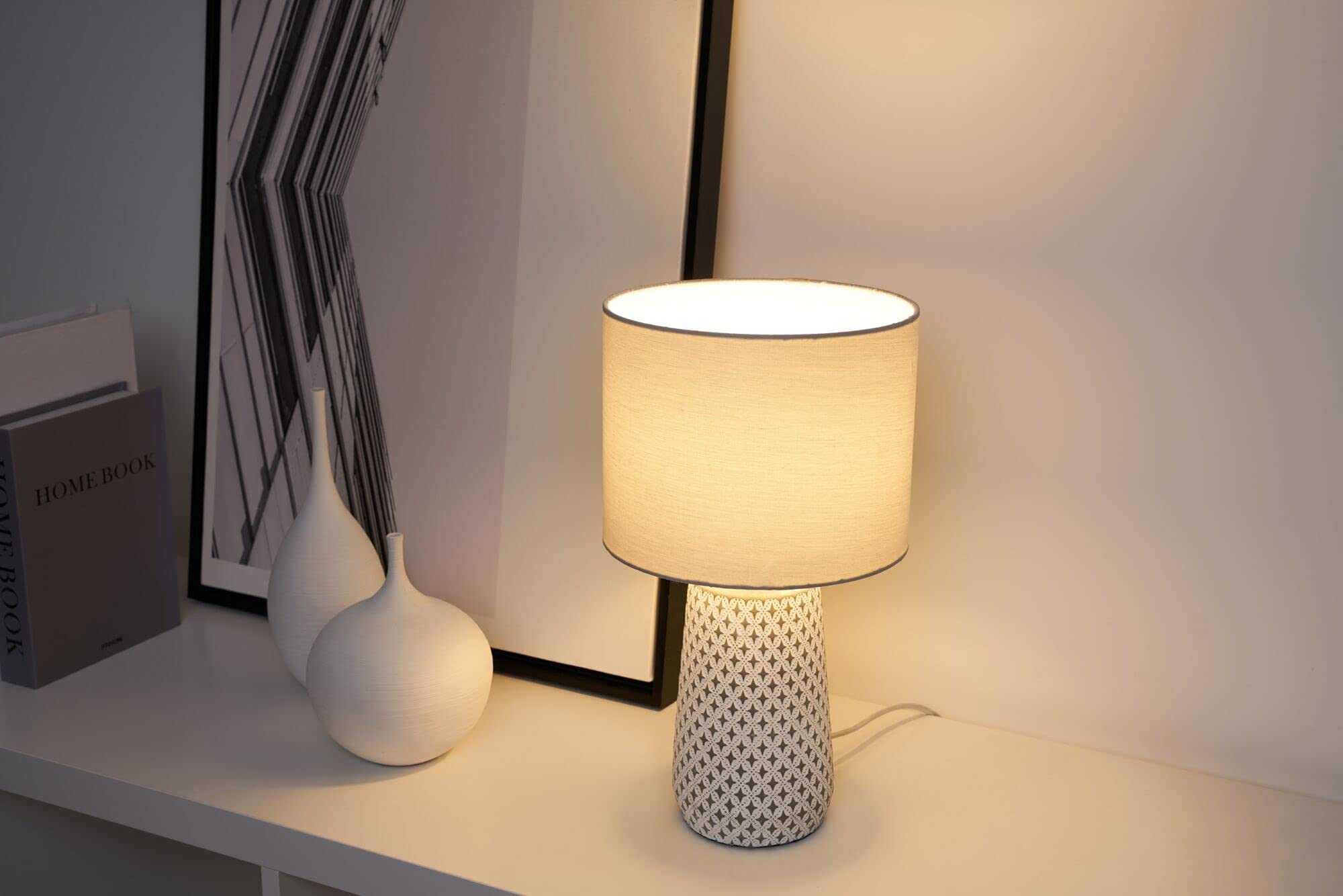 Pauleen 48215 Pretty Purity lampada da tavolo max. 20 Watt realizzata a mano bianco, grigio luce da comodino look naturale tessuto, calcestruzzo E14
