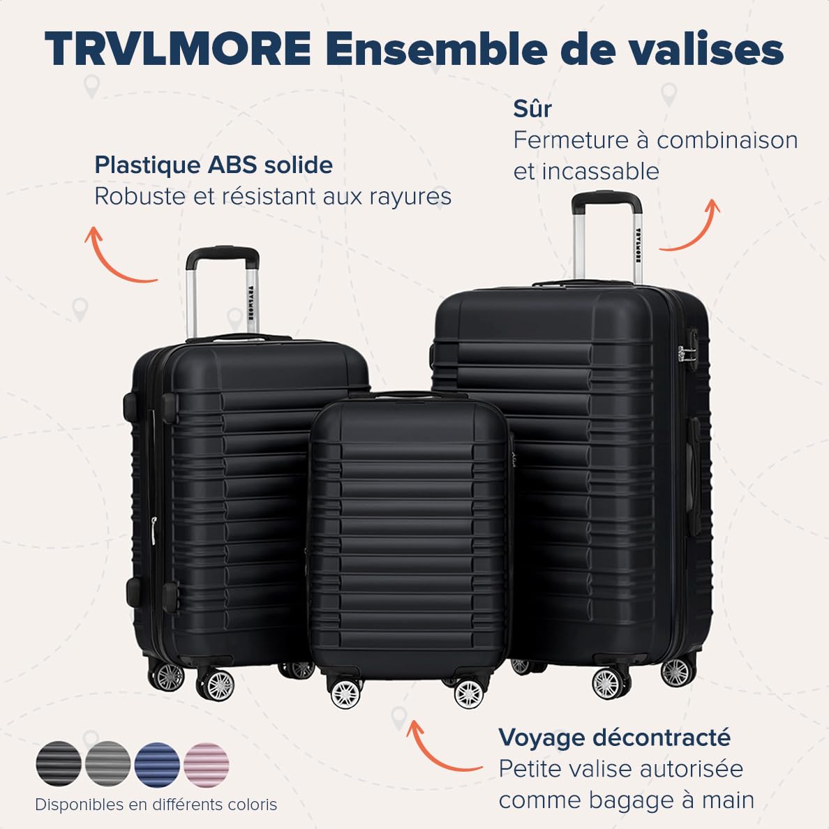 TRVLMORE Set Valise Rigide - Lot Valise - 3 Set de Valise de Voyage - Set Valises Rigides 4 roulettes - Luggage - Set 3 Valises - Ensemble Valise - Suitcase Set - Noir