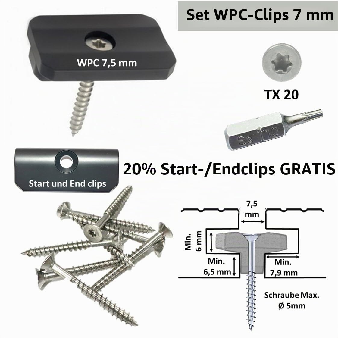 100 Stk. WPC Clips 7,5 mm inkl. Schrauben +20% Start - End Clips + 1 BIT Befestigung Klammern Montageclip