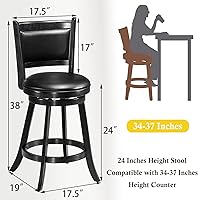 Vista 3 de ERGOMASTER Taburetes de bar giratorios de 24 pulgadas con respaldo, madera de caucho, negro, juego de 2