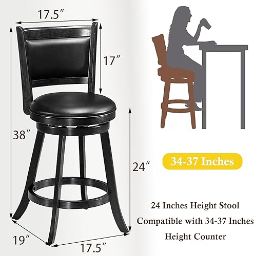 Miniatura 3 de ERGOMASTER Taburetes de bar giratorios de 24 pulgadas con respaldo, madera de caucho, negro, juego de 2