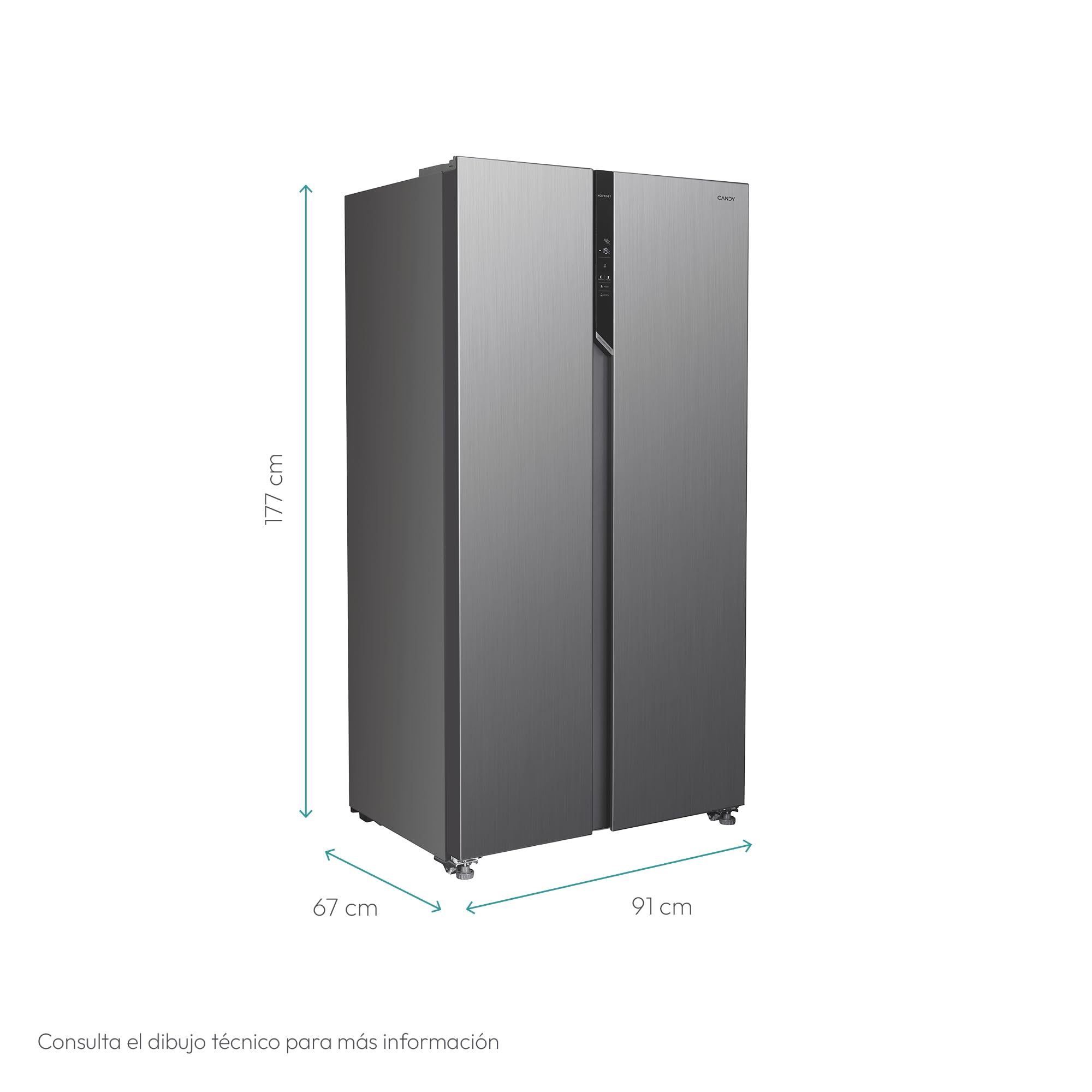 Candy CHSVN-174X, Frigorífico Side by Side, Ancho 91cm, Capacidad 532L, Inverter, Total No Frost, 2 Cajones Verduleros, Control Externo Digital, Iluminación LED, Patas Ajustables, Ruedas, 39DB, Blanco