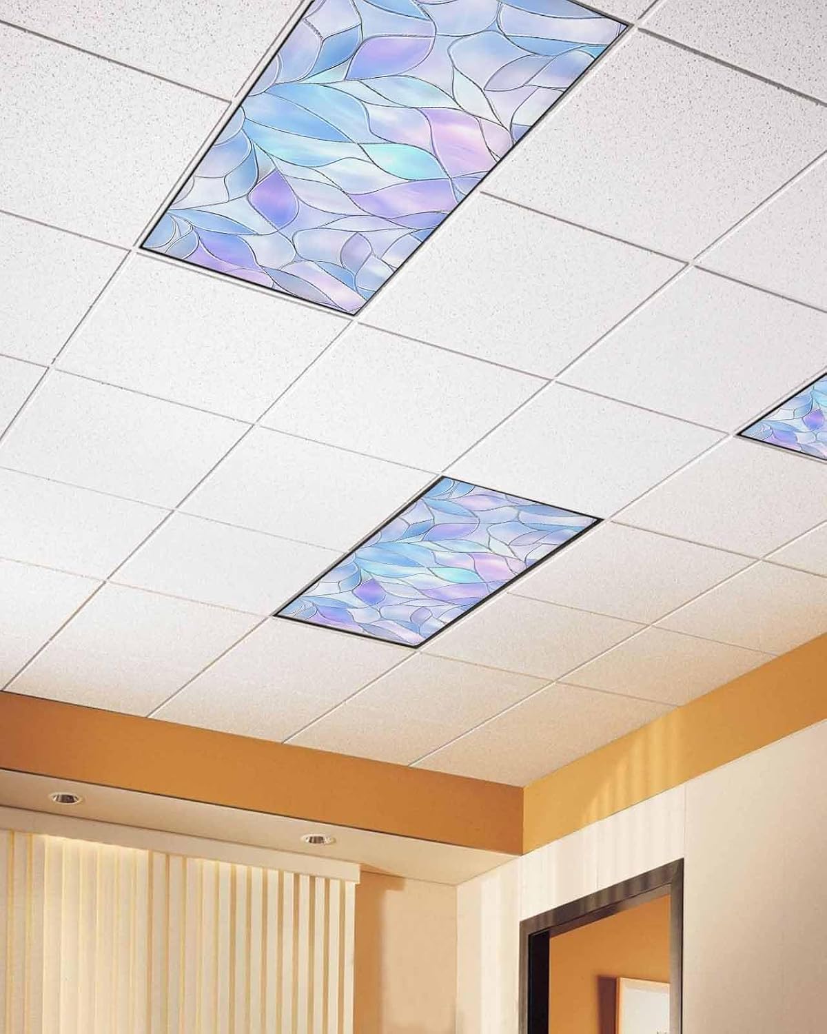 Stained Glass Fluorescent Light Covers for Ceiling Lights 4x2 feet,2 Pack Magnetic Light Filters for Classroom,Blue Purple Floral Geometric Fluorescent Lights Shade Panel for Office School Drop Home