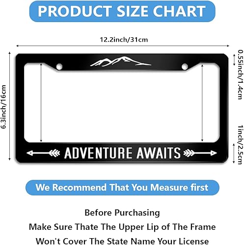 Miniatura 2 de Marco de matrícula divertido con textos de humor "La aventura te espera" de acero inoxidable negro para etiqueta de coche con 2 agujeros y