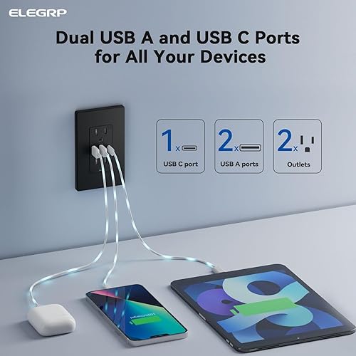 Miniatura 2 de ELEGRP Tomacorrientes USB, toma de pared de 3 puertos, toma eléctrica de 30 W 6.0 A, toma de corriente resistente a manipulaciones de 15 amperios