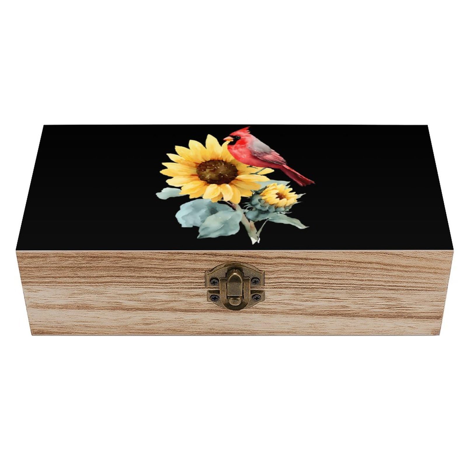 CGSBNGHA Watercolor Sunflower Cardinal Bird Wooden Storage Boxes with Lid Memory Box Decorative Organiser for Office And Home