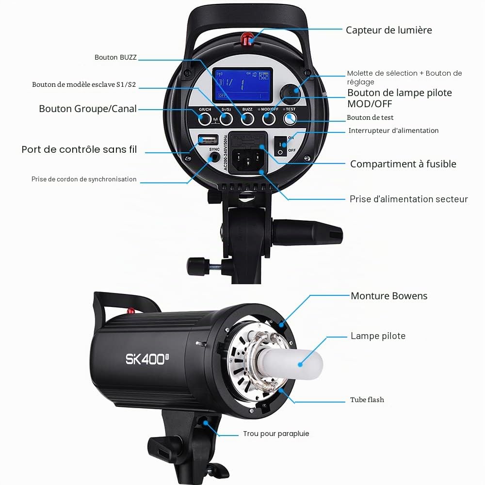Godox SK400II Compact 400Ws Studio Flash Strobe Light Built-in 2.4G Système X sans fil GN65 5600K avec 150W Lampe de modélisation pour commerce électronique Portrait Photographie