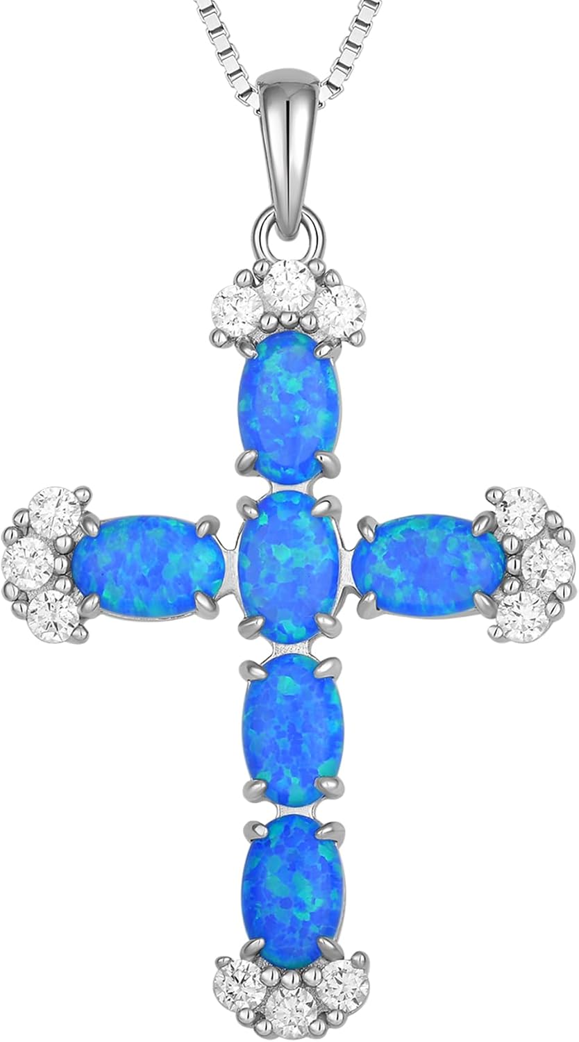 STARCHENIE Sterling Silver Created Opal Cross Necklace for Women Crucifix Pendant Religious Jewelry Gift, 18 Inch Chain
