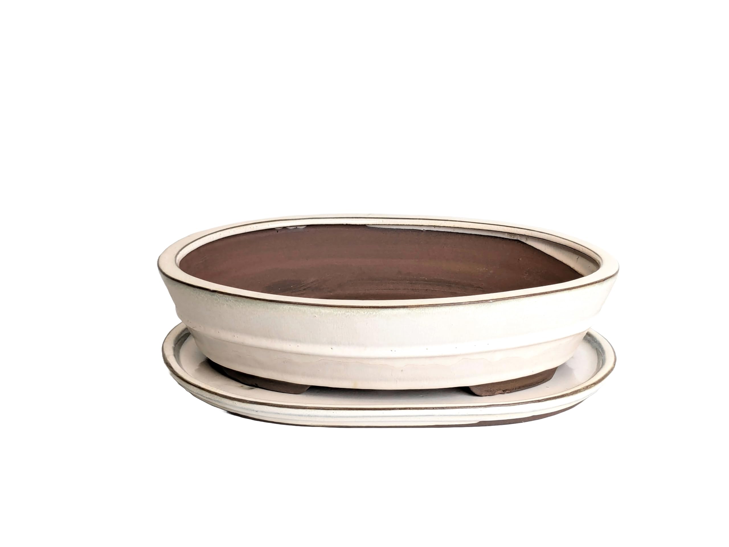Glazed Ceramic Bonsai Pots with Matching Drip Trays (Cream, 30cm)