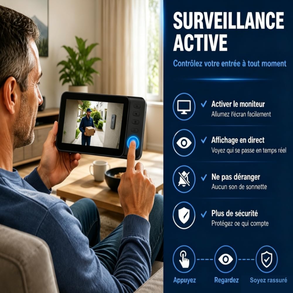 TKMARS Sonnette Vidéo sans Fil 4.3’’ HD 1080P, Visiophone IP65 Étanche, Grand Angle 170°, Vision Nocturne IR, Interphone Audio Bidirectionnel, sans WiFi ni App, Détection Mouvement | Écran IPS 4.3", Audio Bidirectionnel, Grand Angle 170°, Vision Nocturne