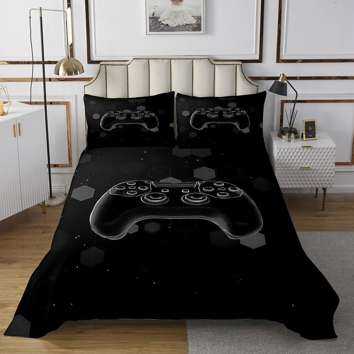 Erosebridal Gamer Boys Coverlet Set King Size Game Controller Bedding Set for Kids Boys Teens Spots Hexagon Quilted Coverlet Grey Honeycomb Modern Quilted
