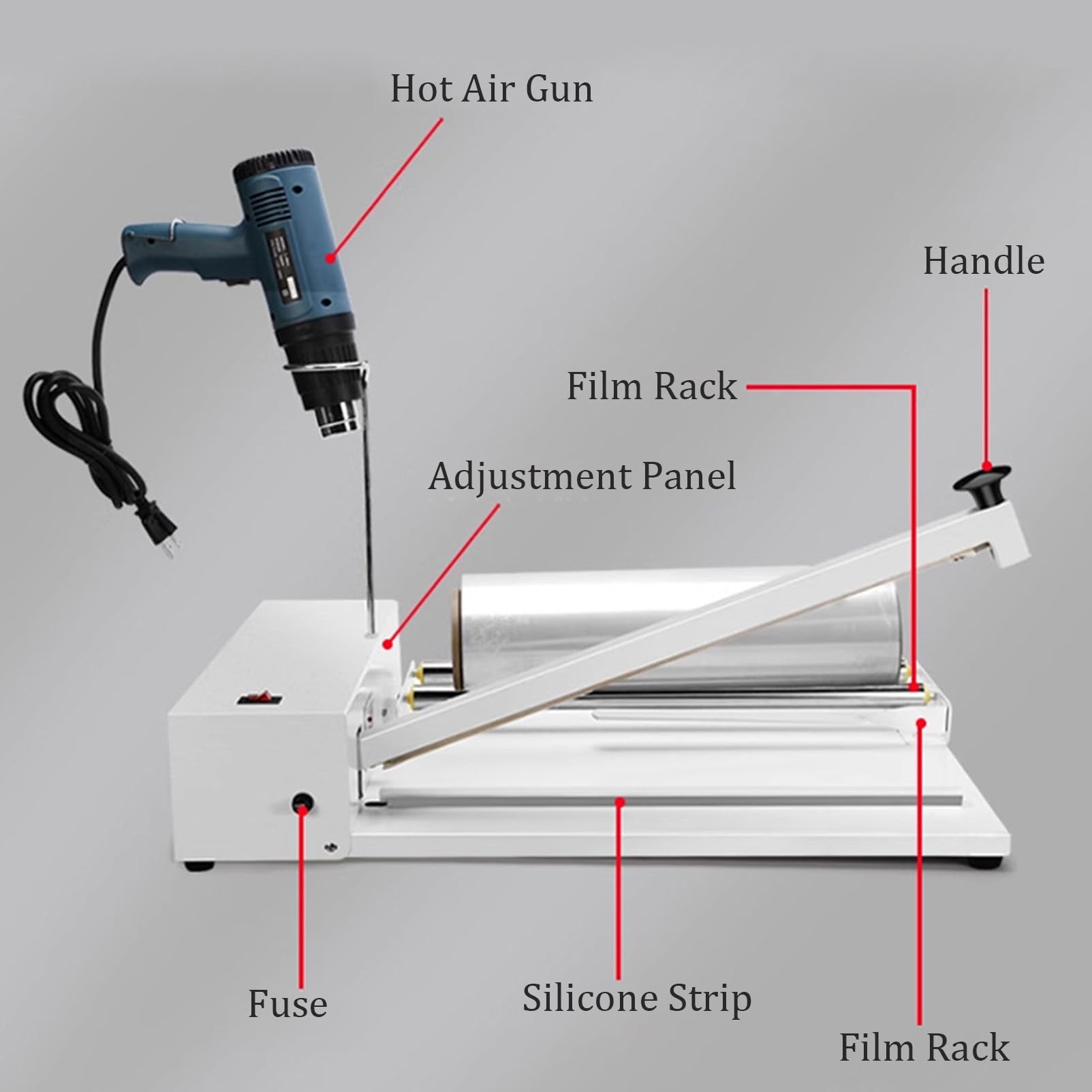 Schrumpffolienmaschine, Folienversiegelungsmaschine, mit 1800-W-Heißluftpistole und Schrumpffolie für PVC-POF-Folie, Plastiktüten,45cm