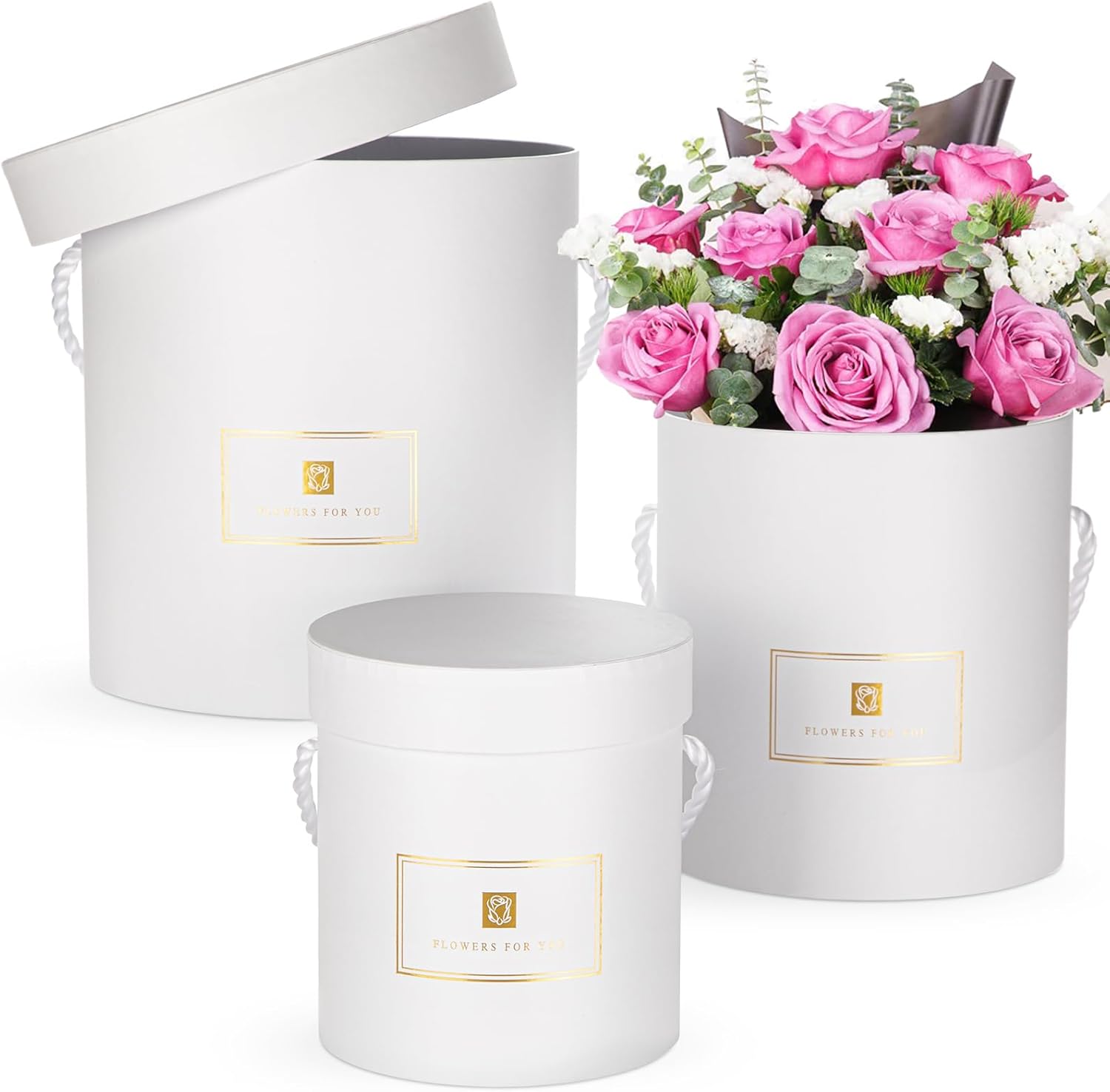Hollyone White Gift Box with Lids Set of 3 Round Nesting Gift Boxes Cylinder for Presents 3 Assorted Sizes Flowers Arrangements Box for Gift Giving Christmas Valentine Mom Gifts Present Wrapping