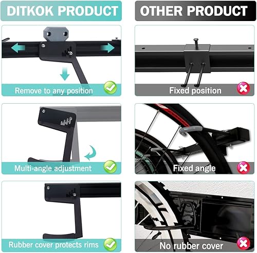 Miniatura 6 de DITKOK Estante de almacenamiento de 3 bicicletas, garaje para bicicletas, riel extra largo 2 en 1, 40 pulgadas, ganchos de metal ajustables, con